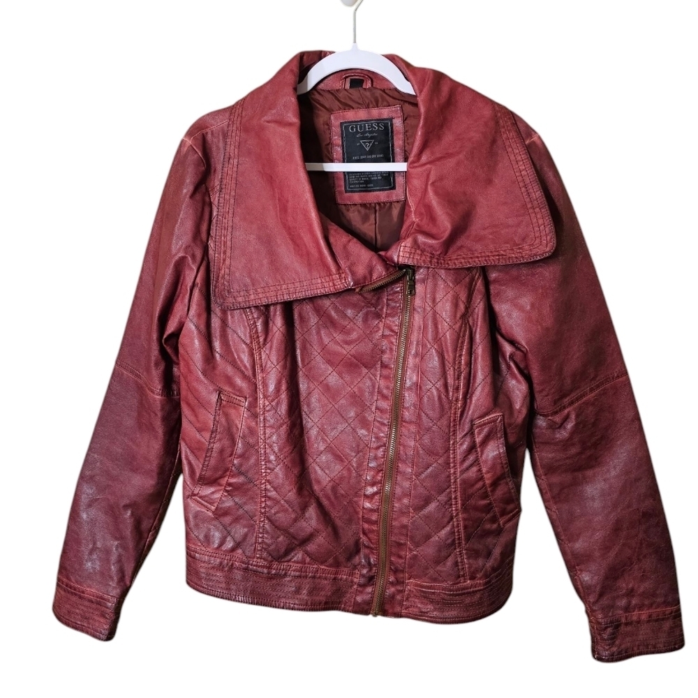 GUESS Women's Red Vegan Leather moto Jacket XL